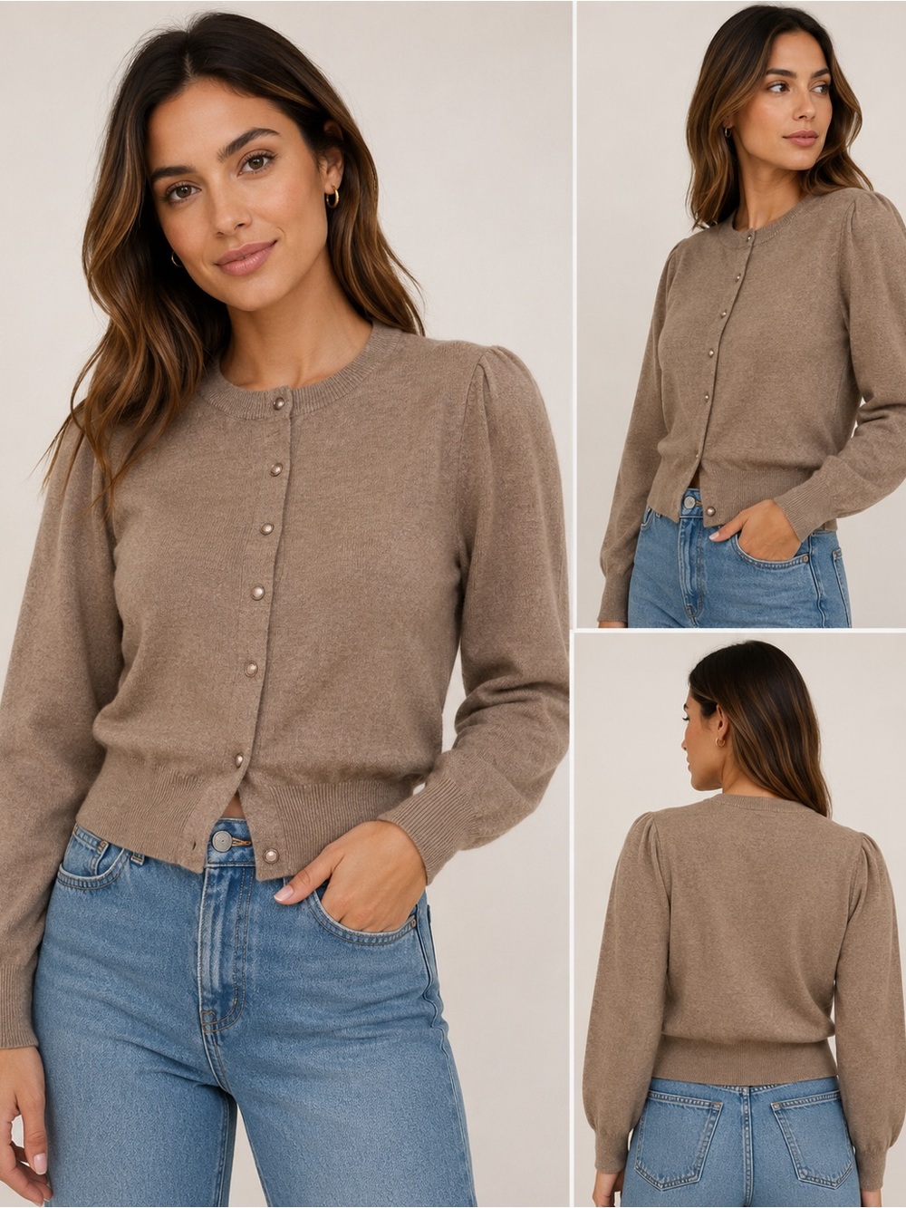 Route 66 Taupe Button-Front Puff-Sleeve Cardigan